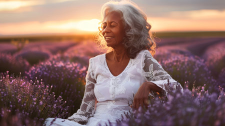 Joyful elderly African lady in white attire poses in lavender field during sunsetの素材
