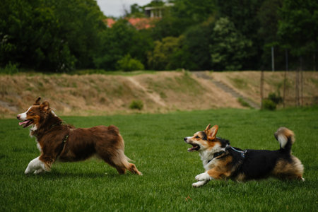 Two dogs are running synchronously in a green spring field playing catch-up. A brown fluffy...