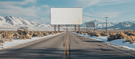 Snowy desert road blank white billboard banner mockup for advertising in winter weatherの素材