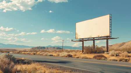 Blank white billboard mockup on desert highway under bright sunlight for advertising showcaseの素材