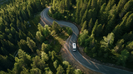 Modern mobile home on serpentine mountain road through summer coniferous forest aerial viewの素材