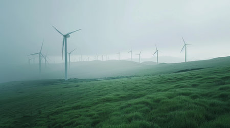 Numerous modern wind turbines in verdant field on misty day, renewable energy conceptの素材