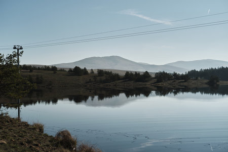 Ribnicko Lake or Ribnicko jezero in early autumn morning - 2000 meters long artificial lake in...