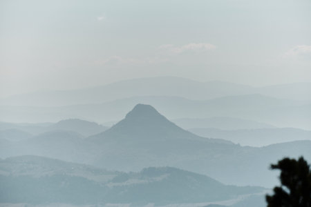 Blue mountains range and hills. Beautiful minimalistic landscape for nature background. The nature of southwestern Serbia, view from Tornik resort near Zlatiborの写真素材