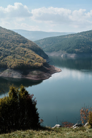 Uvac canyon in autumn sunny day. Overlooking a winding wide mountain river. Nature of Southwestern Serbiaの写真素材