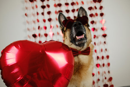 St. Valentine's Day concept. Funny German shepherd dog wearing red bow tie and heart shape glasses. Big red heart shape balloon. Pet in love celebrating valentines day. Love romance postcardの写真素材
