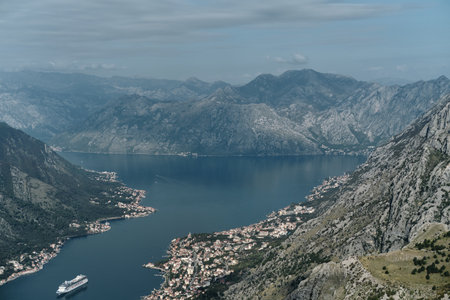 Beautiful view from above, from viewpoint on the city of Kotor. Kotor Bay in Montenegro country -...