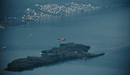 Green island with a church in the Adriatic Sea. Bay of Kotor, Montenegro. Travel conceptの写真素材