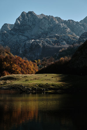 Bukumirsko Lake in the mountains of Montenegro, surrounded by colorful autumn forest and rugged...