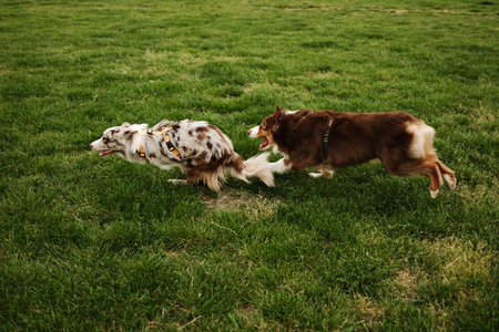 Brown Australian Shepherd and red merle Border Collie joyfully run across a green field. Dynamic...