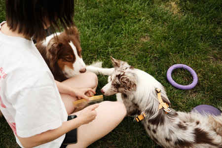 Young woman rewards two attentive dogs brown Australian Shepherd and a red merle Border Collie with...
