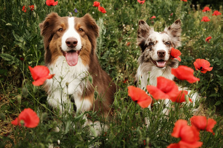 Two happy dogs - brown Australian Shepherd and red merle border collie sitting in a blooming poppy...