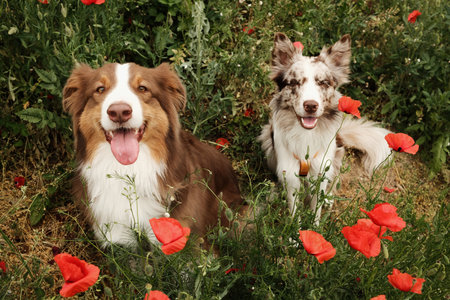 Two happy dogs - brown Australian Shepherd and red merle border collie sitting in a blooming poppy...