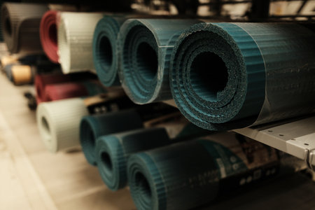 Close-up of rolled-up camping mats on a store shelf. Various foam sleeping pads for outdoor activities, trekking, or yoga, neatly stacked in sporting goods sectionの写真素材