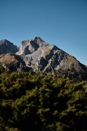 Sharp rocky peaks of the Komovi mountains in Montenegro rise above green autumn shrubs under a clear blue sky. A peaceful scene of natural wilderness and crisp mountain air.の写真素材