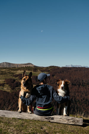 Woman sits on a log with two dogs. German and Australian Shepherds, enjoying peaceful autumn day in Montenegro Komovi mountains with owner. The moment captures loyalty and serenity. Rear viewの写真素材