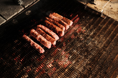 Traditional Balkan meat rolls - Cevapi, chevapi - grilling on hot coals over a metal grate. Close...