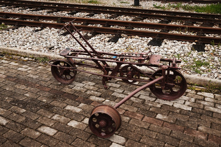 Vintage handcar on tracks in Mokra Gora railway station in Serbia, springtimeの写真素材