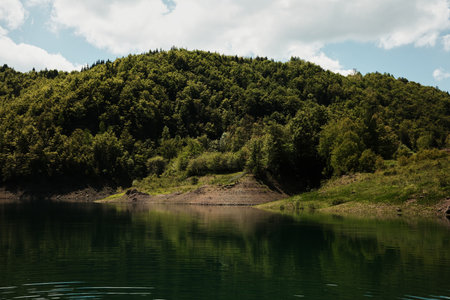 A quiet bay on Zaovine Lake with green hills and calm water, surrounded by forested slopes in Tara National Park. Summer travel in nature of Serbia countryの写真素材
