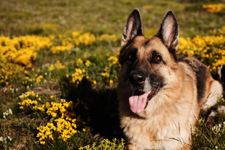German Shepherd dog resting among yellow wildflowers in a sunny spring meadow in Zlatibor, Serbia....