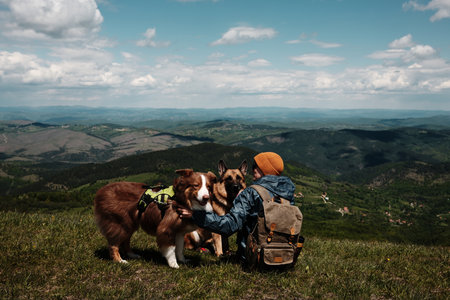 Female traveler sits with two dogs - German and Australian shepherd enjoying panoramic view from...