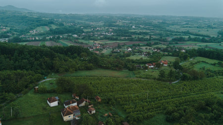 Aerial view of green rural landscape with red-roof houses surrounded by fields and orchards in...