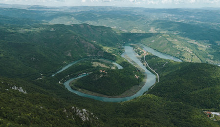 Meander of the West Morava River surrounded by green hills in Ovcar-Kablar Gorge. Serbia country...