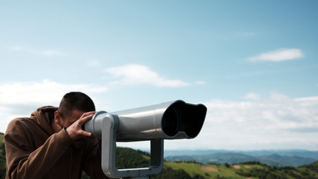 A man looks through a public telescope on a scenic viewpoint in Serbia, surrounded by green hills...