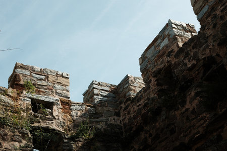 Close-up of upper battlements of Ram Fortress with blue sky background in Serbia