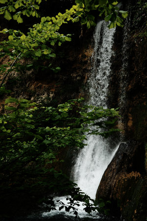 Side view of Veliki Buk waterfall in Lisine, partially hidden by green leaves. Water rushes over...