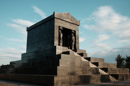 Side angle of the Monument to the Unknown Hero in Belgrade, Serbia. Solid granite structure with statues under a bright blue sky at sunsetの写真素材