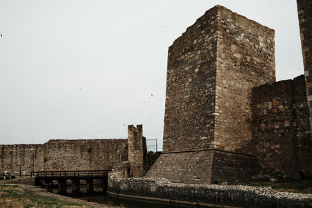 Faded medieval painting on a large tower wall at Smederevo Fortress, Serbia. Symbol of history and...