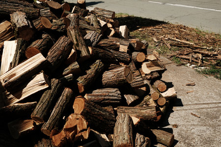 Close-up of freshly chopped firewood stacked in a pile on a sunny street in villageの写真素材