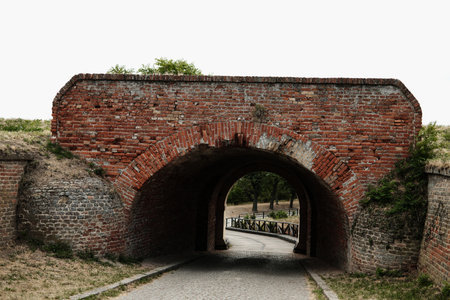 Brick tunnel passage in Petrovaradin Fortress, Novi Sad, Serbia. View through arch to trees and cobblestone pathの写真素材