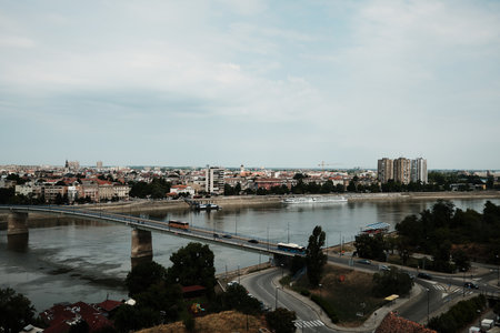 Panoramic view of Novi Sad city and bridge over the Danube River seen from Petrovaradin Fortress, Serbiaの写真素材