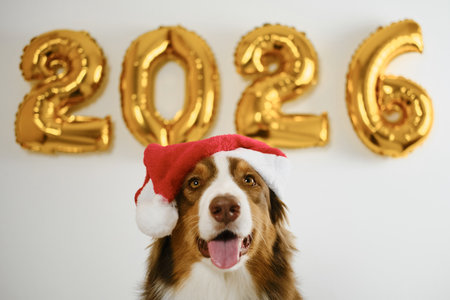 Greeting card with a dog and golden balloons in the shape of numbers 2026. A cheerful brown Australian Shepherd wears a red Santa helper hat. Happy New Year and Merry Christmas conceptの写真素材