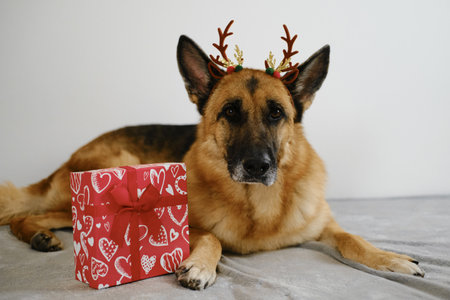 Greeting card with a dog and red gift box - Happy New Year and Merry Christmas concept. German shepherd wears brown reindeer antlersの写真素材