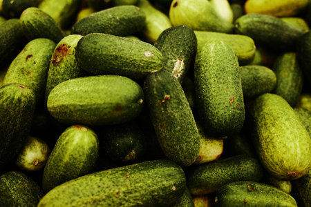 Fresh green cucumbers displayed at the market. Organic vegetables with natural textures, ideal for pickling, salads, and healthy diet conceptsの写真素材