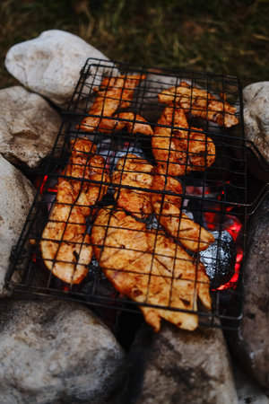 Close-up of grilled chicken on a stone campfire, cooking outdoors in nature. Rustic camping food preparationの写真素材
