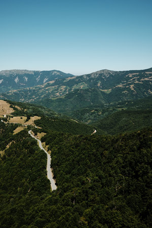 Aerial view of winding road through mountains with golden fields and lush green forests under a...