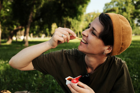 Smiling young woman in yellow hat eating French fries with dip sauce while sitting outdoors in a parkの写真素材