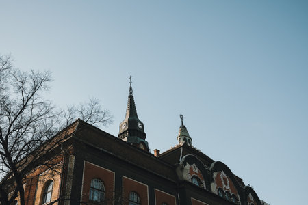 Detail of City Hall spires in Subotica, Serbia, against clear blue winter skyの写真素材