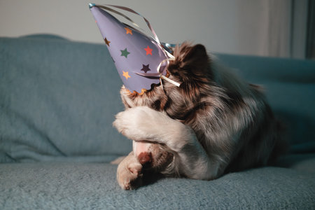 Funny Border Collie red merle with party hat covering its face with paw while lying on sofa