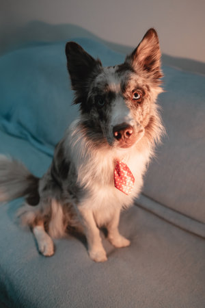 A close-up of a red merle Border Collie dog wearing a red polka dot tie, looking directly into the...