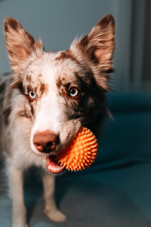 Close-up of a red merle Border Collie standing with an orange spiky ball in its mouth, eyes focused. Happy dog wants to play indoorの写真素材