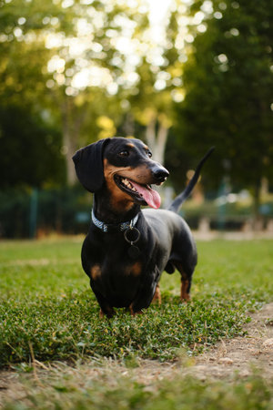 Close-up of a dachshund standing in the grass at a dog park, tongue out and looking playful and happy in summer lightの写真素材