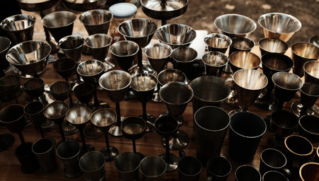Metal cups and goblets displayed on a wooden table at a flea market in Belgrade. Close view
