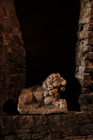 Old stone lion statue inside the underground of Kalemegdan Fortress, Belgradeの写真素材
