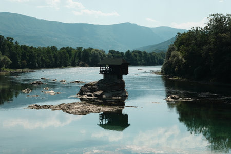 Famous Drina River House on a rock in the middle of the Drina River, near Bajina Basta, Serbia,...