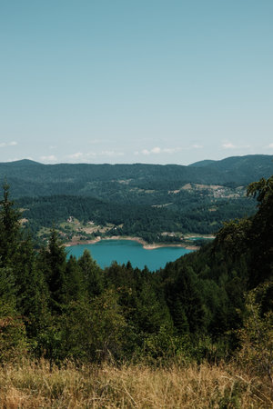 View of Lake Zaovine from the hills of Tara National Park, Serbia. A peaceful summer landscapeの写真素材